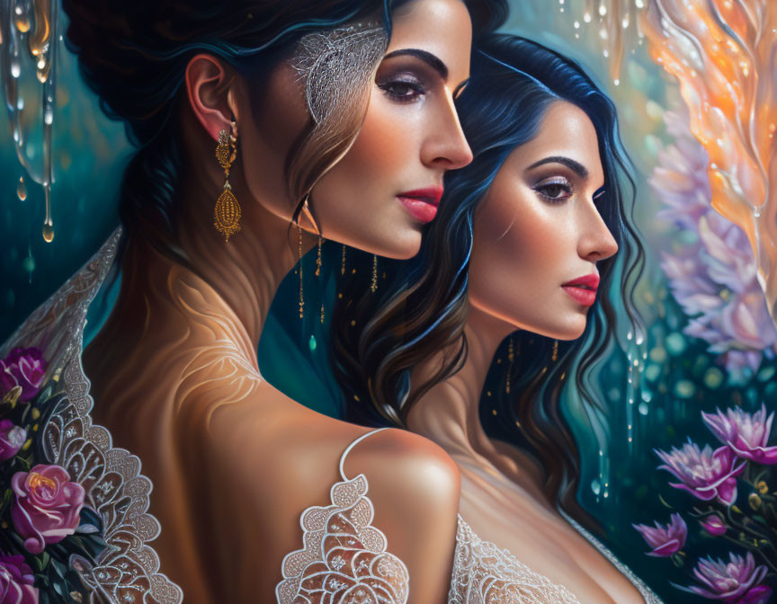 Digital painting of two women in elegant lace dresses with dark hair and golden earrings, mirroring in floral