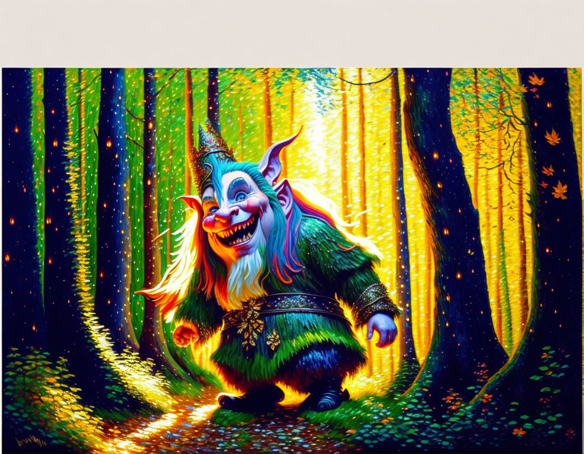 Vibrant forest scene with colorful fantasy creature walking.