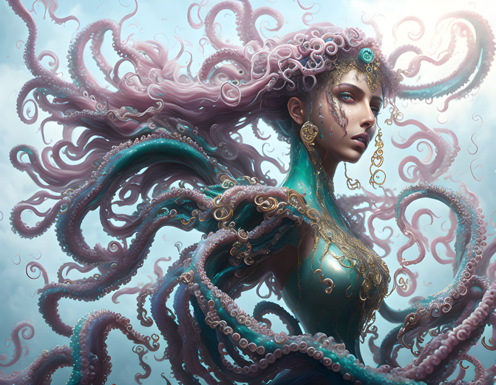 Fantastical portrait: Female figure with octopus-like hair tentacles and gold jewelry on blue backdrop