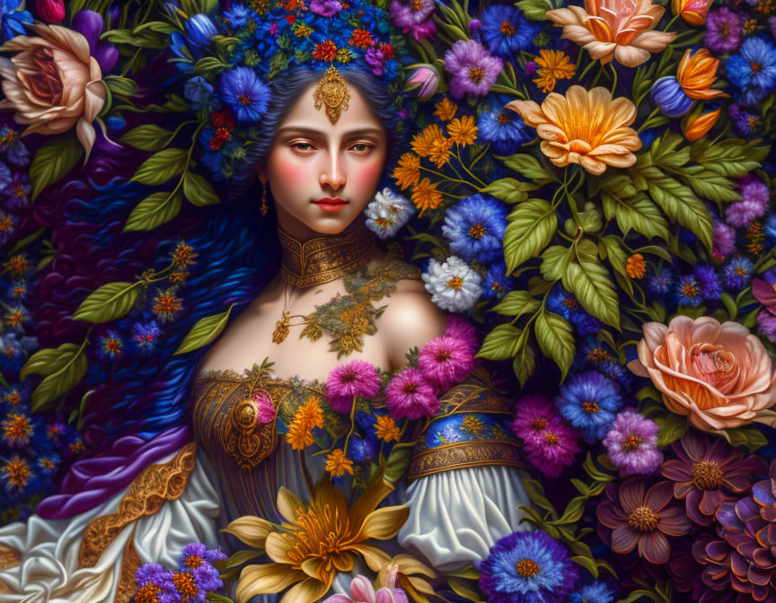 Vibrant digital artwork: Woman with flowers, rich colors