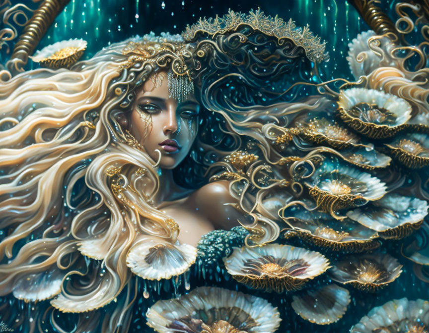 Golden-haired mermaid portrait surrounded by iridescent sea anemones