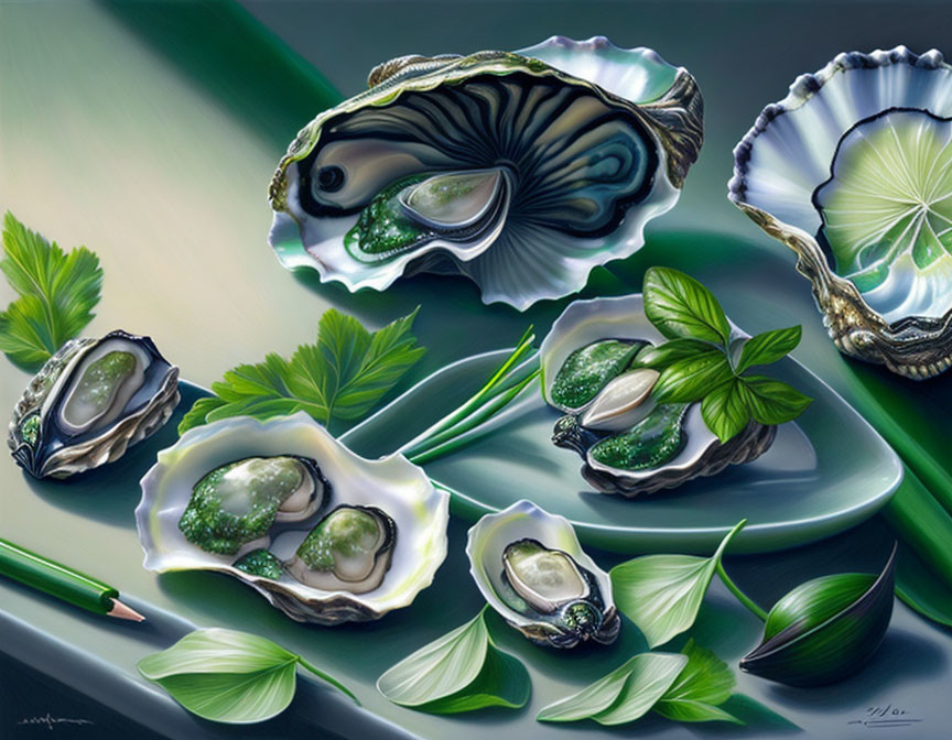 Realistic illustration of oysters with pearls on a plate, surrounded by green leaves and a pencil