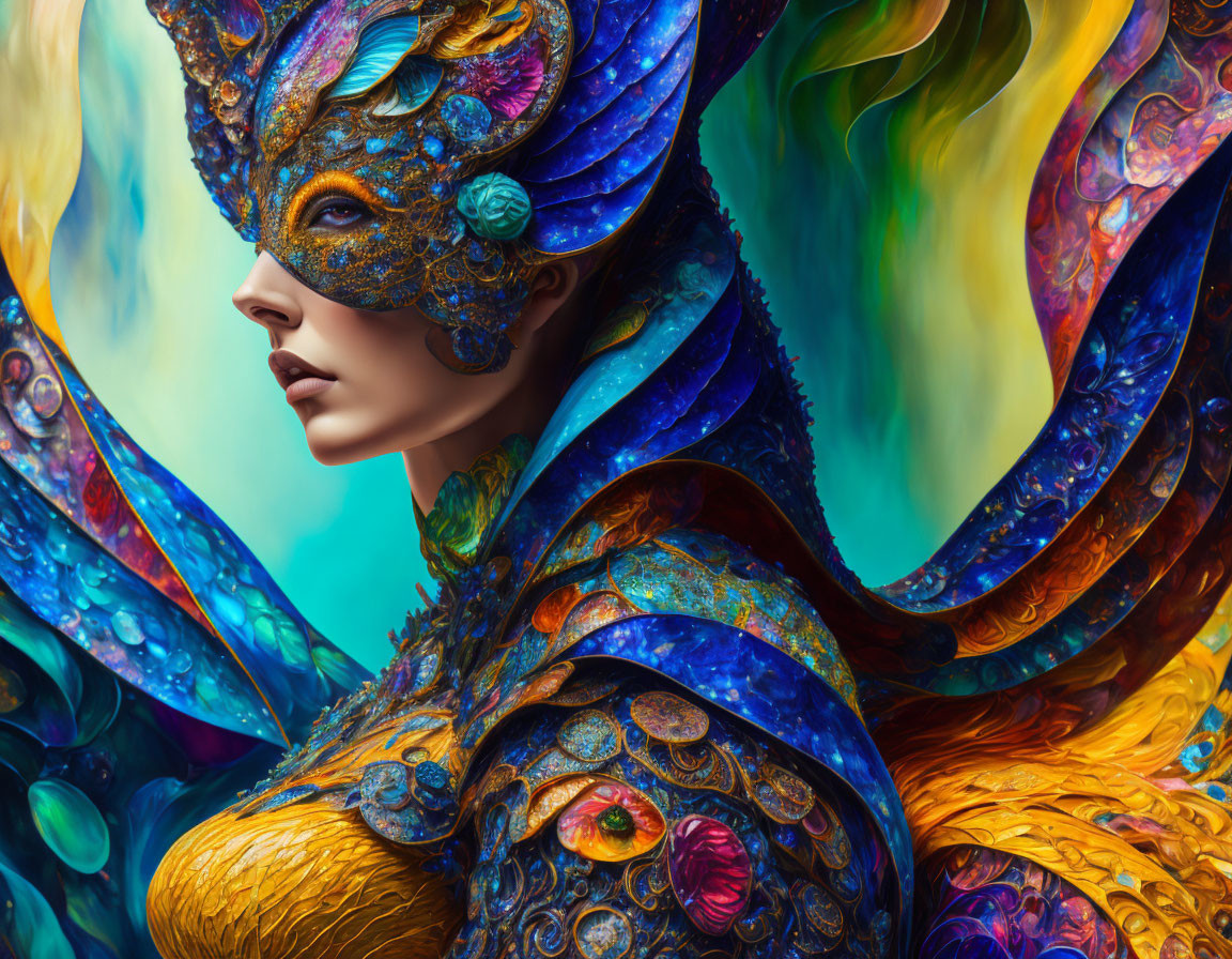 Colorful ornate mask and costume with intricate blue and gold patterns portraying a fantastical, bird-like