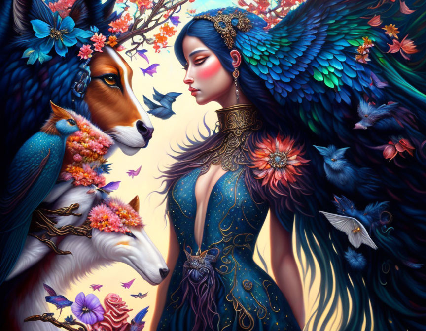 Fantastical woman, winged creature, dog, vibrant flowers, butterflies