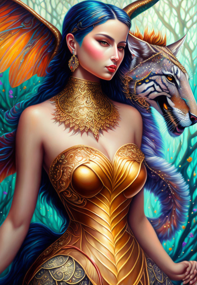 Female figure in golden armor with peacock feather wings and wolf companion