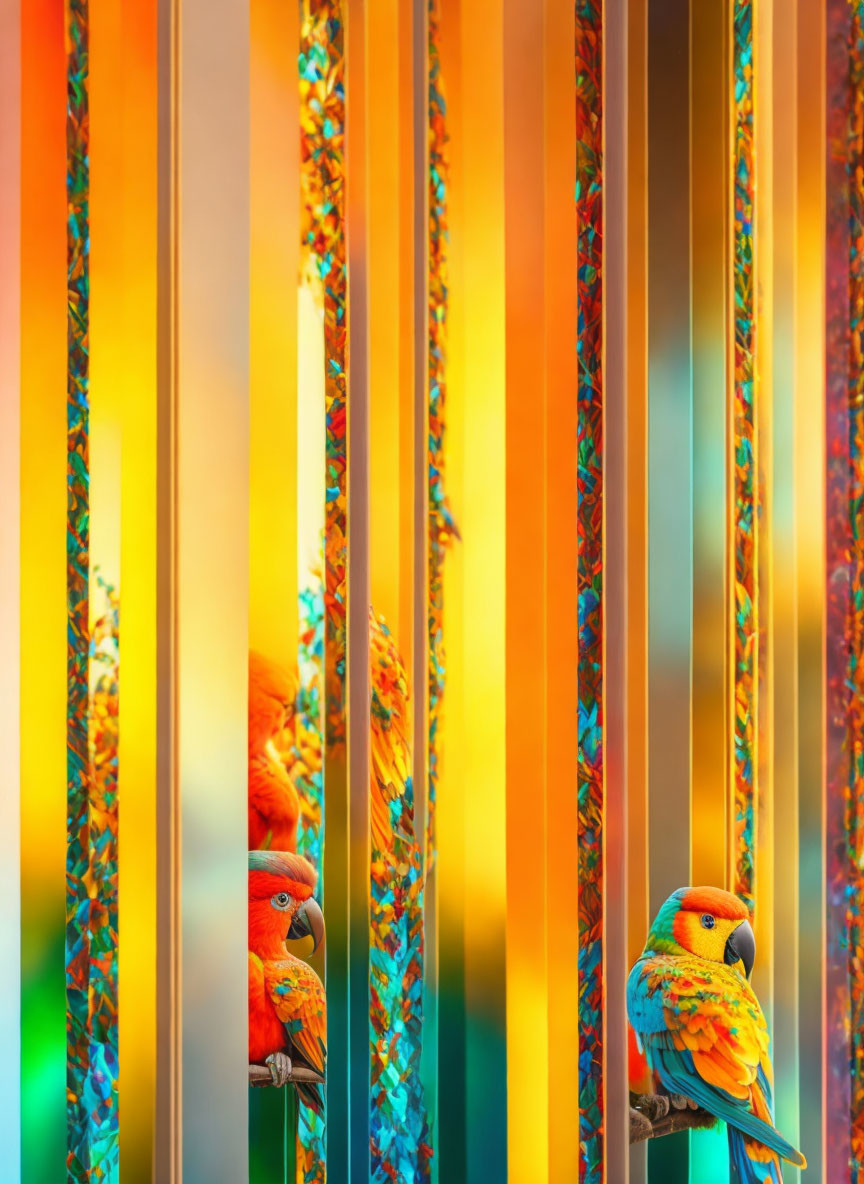 Vibrant Parrots on Colorful Vertical Strips and Gradient Background