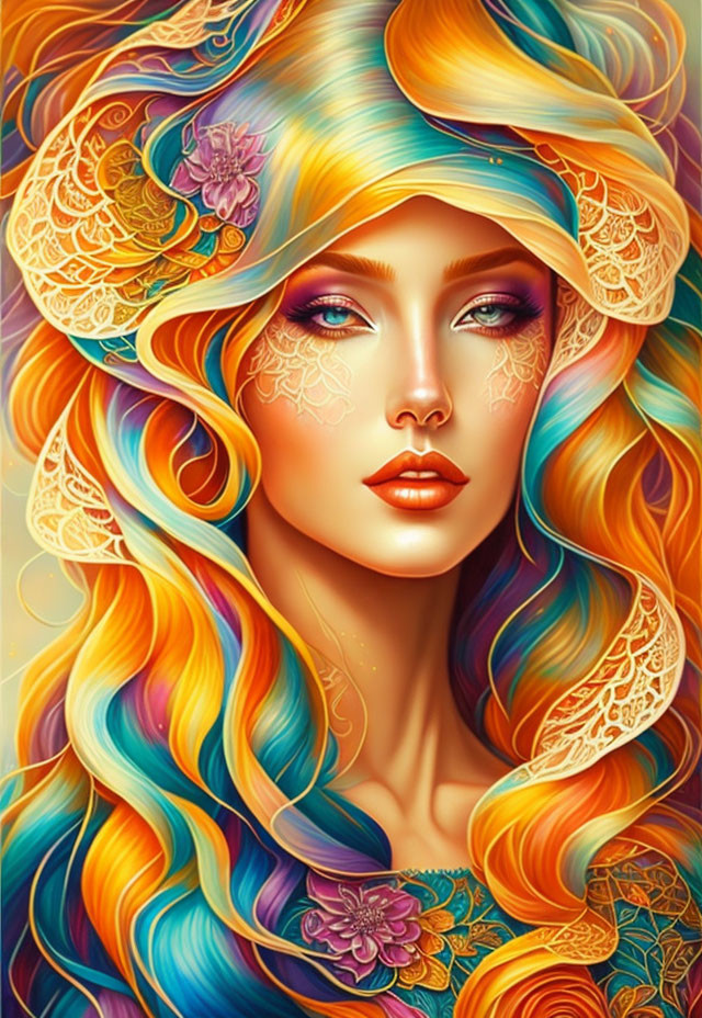 Vibrant woman illustration with multicolored flowing hair and floral lace designs