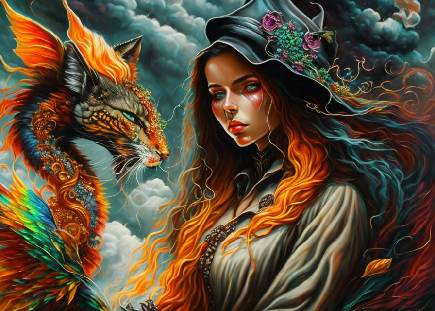 Mystical woman with rose-adorned hat beside fiery phoenix-like cat