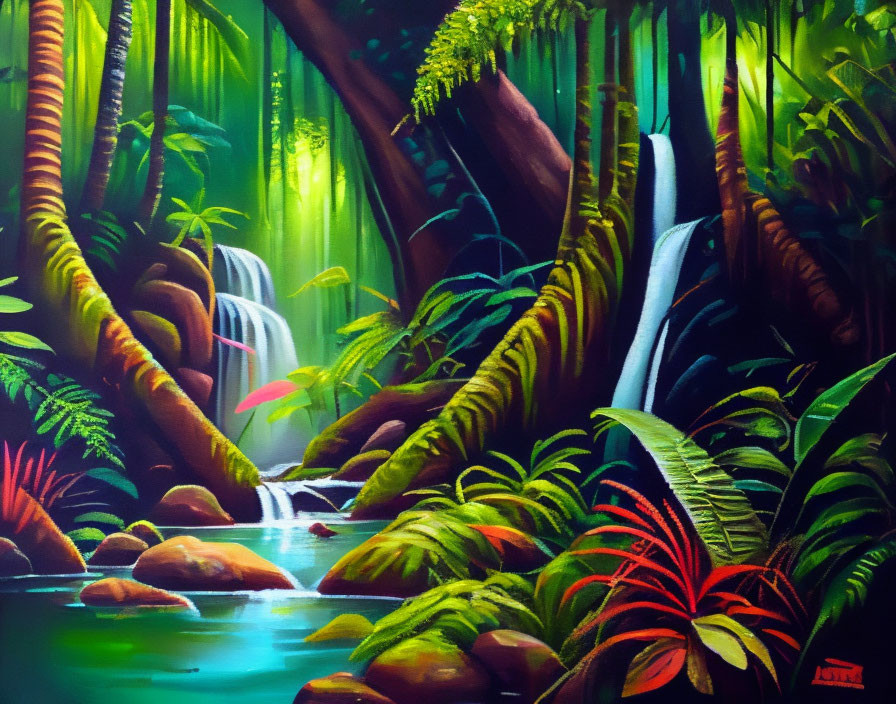 Lush jungle painting with waterfall, foliage, pond, and light beams