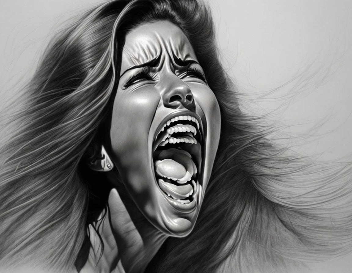 Monochrome image of woman with flowing hair showing intense emotion