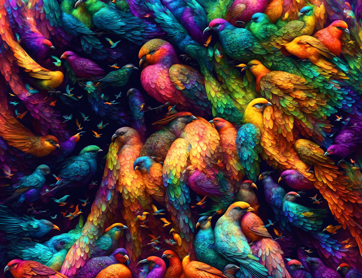 Colorful Digital Artwork Featuring Multicolored Stylized Birds