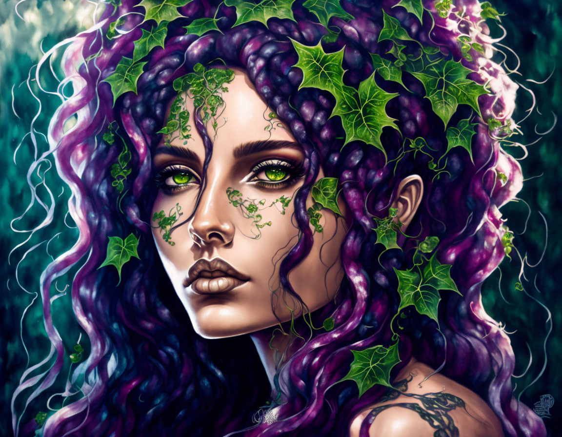 Portrait of woman with purple wavy hair and grapevine & ivy motif, green eyes, shoulder