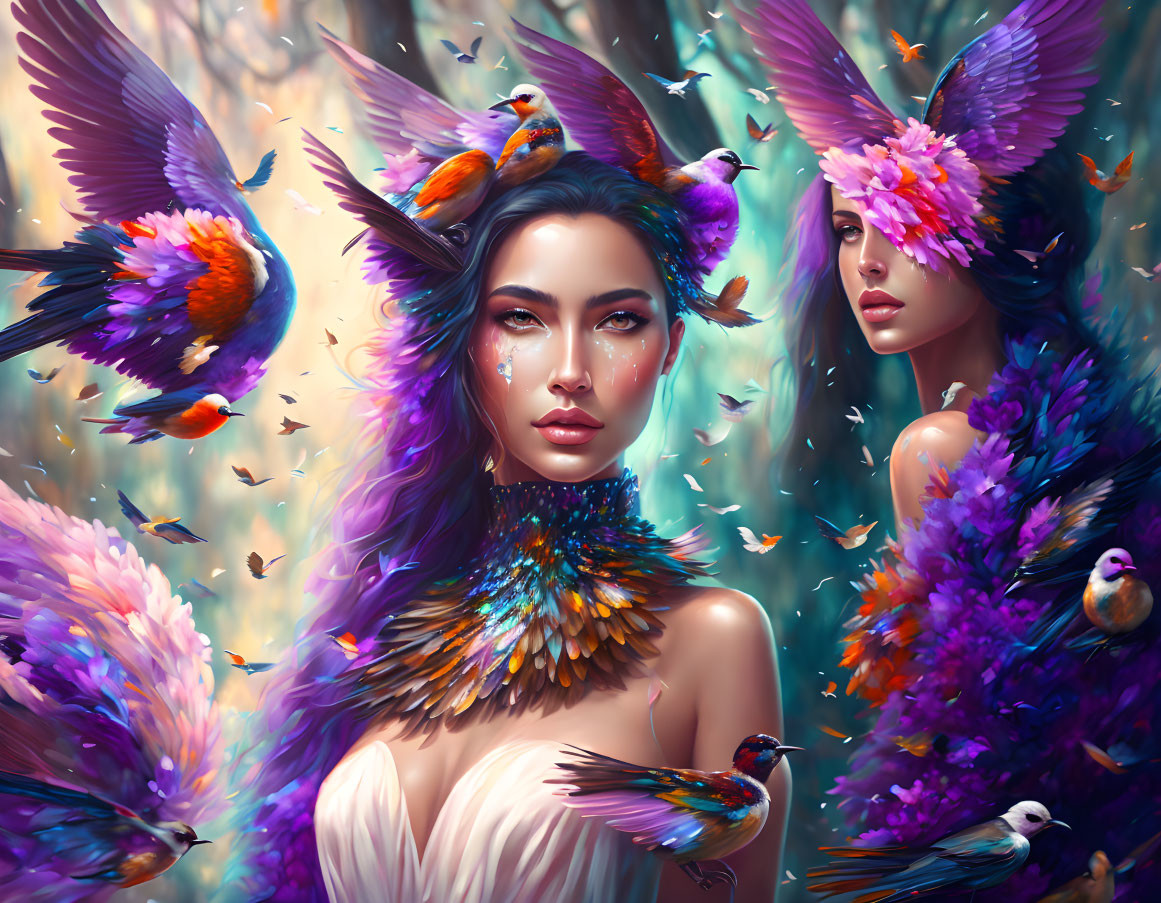 Ethereal women with bird feather hair in mystical forest