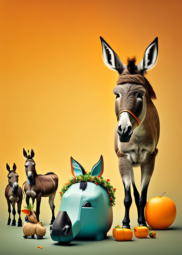 Collection of anthropomorphic donkey caricatures with unique attributes