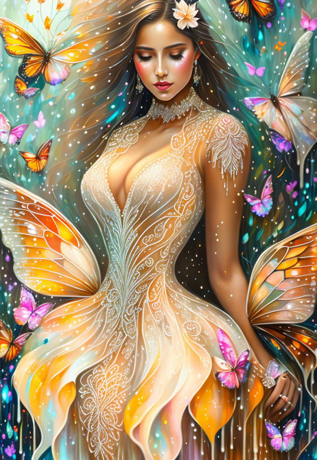 Woman with Butterfly Wings Surrounded by Butterflies in Intricate Dress