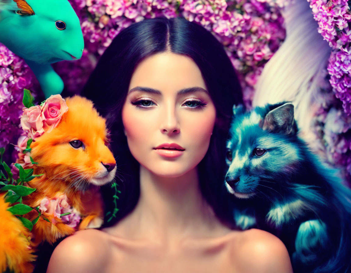 Woman with flawless skin surrounded by vibrant flowers, chameleon, fox, and wolf.