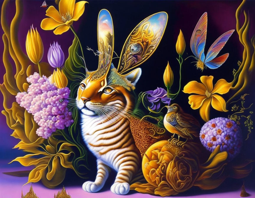 Colorful fantasy illustration: Cat with butterfly wings ears, bird, stylized flowers