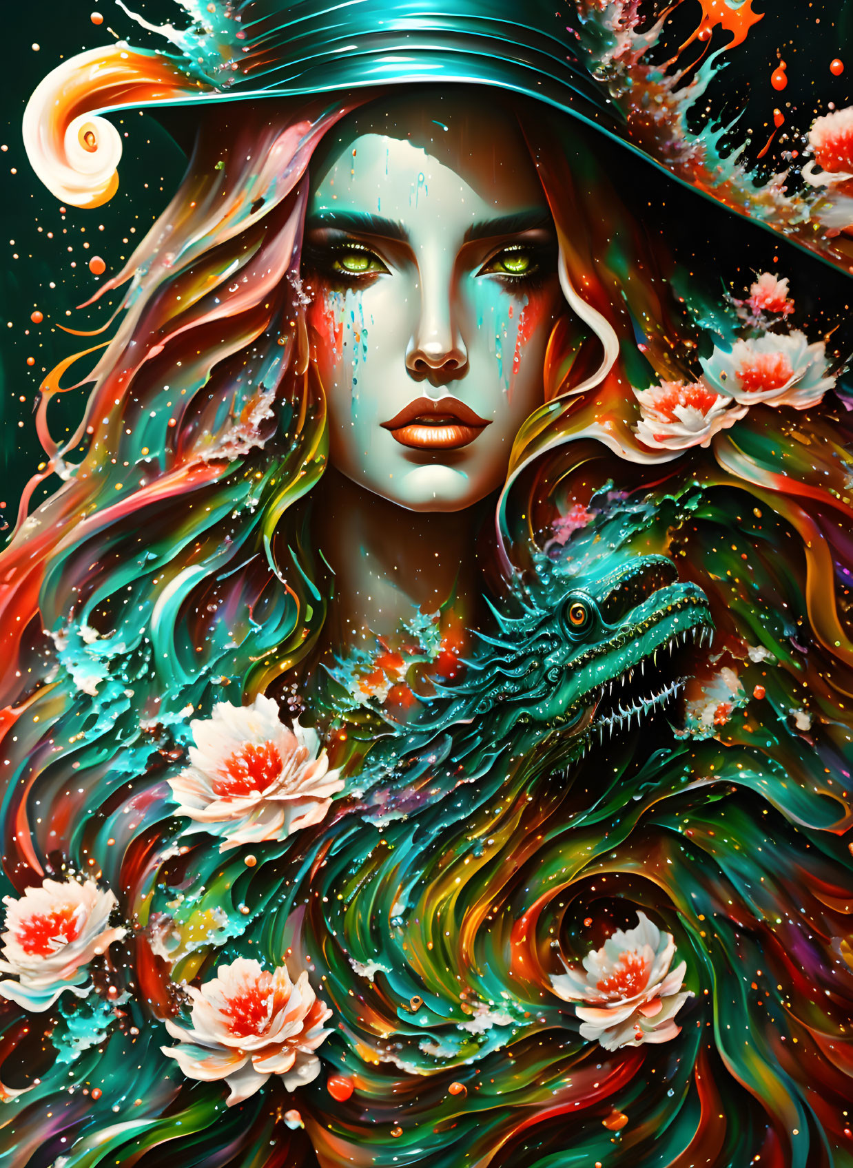 Colorful artwork: Woman with flowing hair and dragon, cosmic swirls