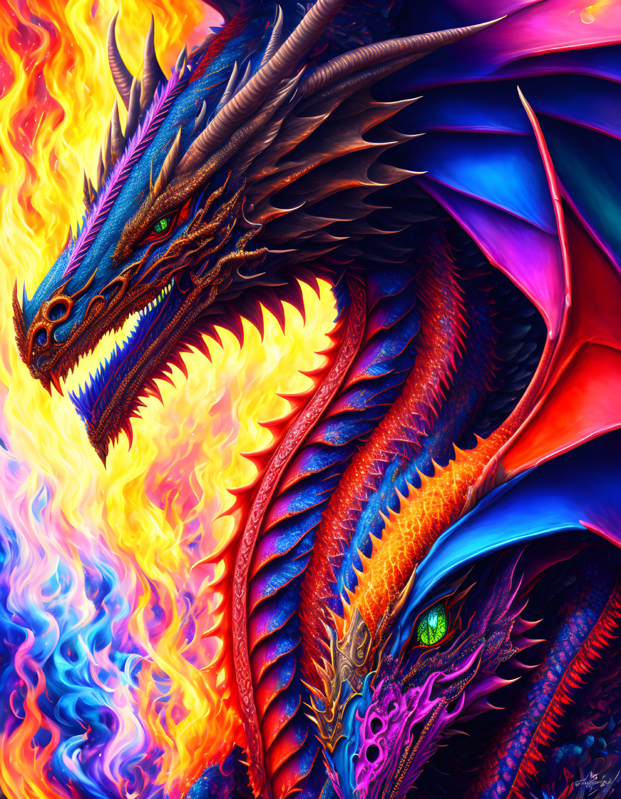 Colorful Artwork: Two Dragons Contrasting Fire and Ice