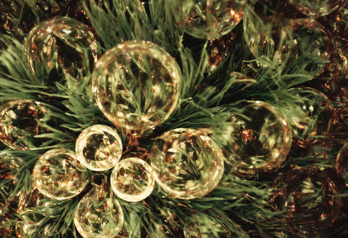 Shiny Christmas ornaments in green pine garland with warm glow