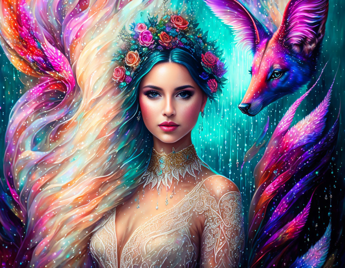 Colorful woman with blue hair and floral adornments beside mystical fox on starry background