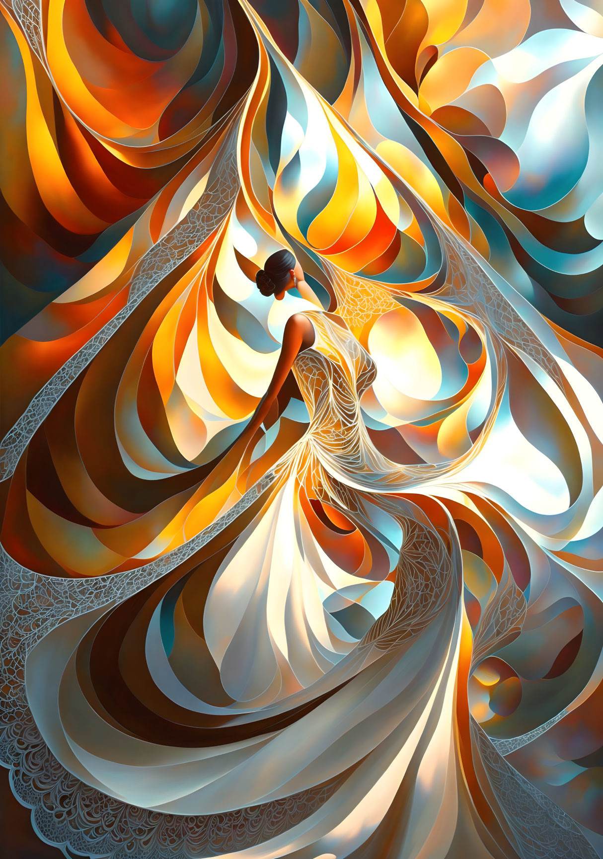 Intricate digital artwork of a woman in a flowing gown