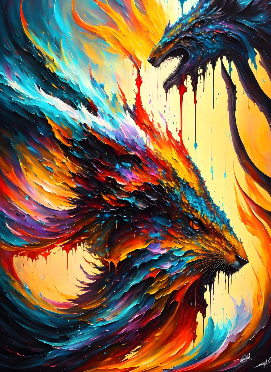 Colorful abstract painting of two dragon-like creatures in orange, blue, red, and yellow swirls