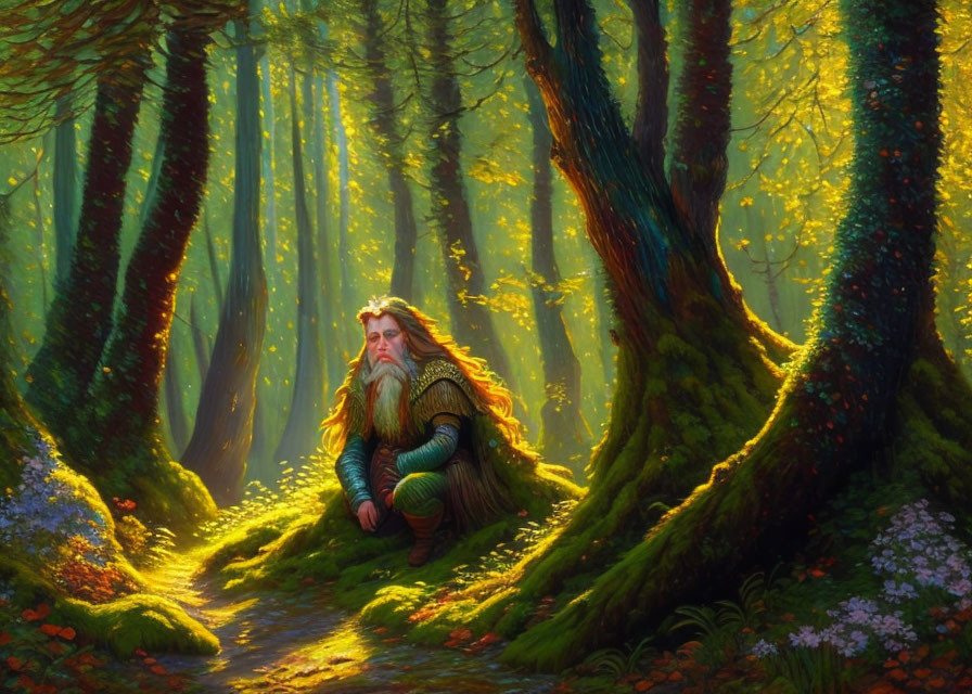 Ethereal forest scene with vibrant greenery and sunbeams illuminating a wise, bearded