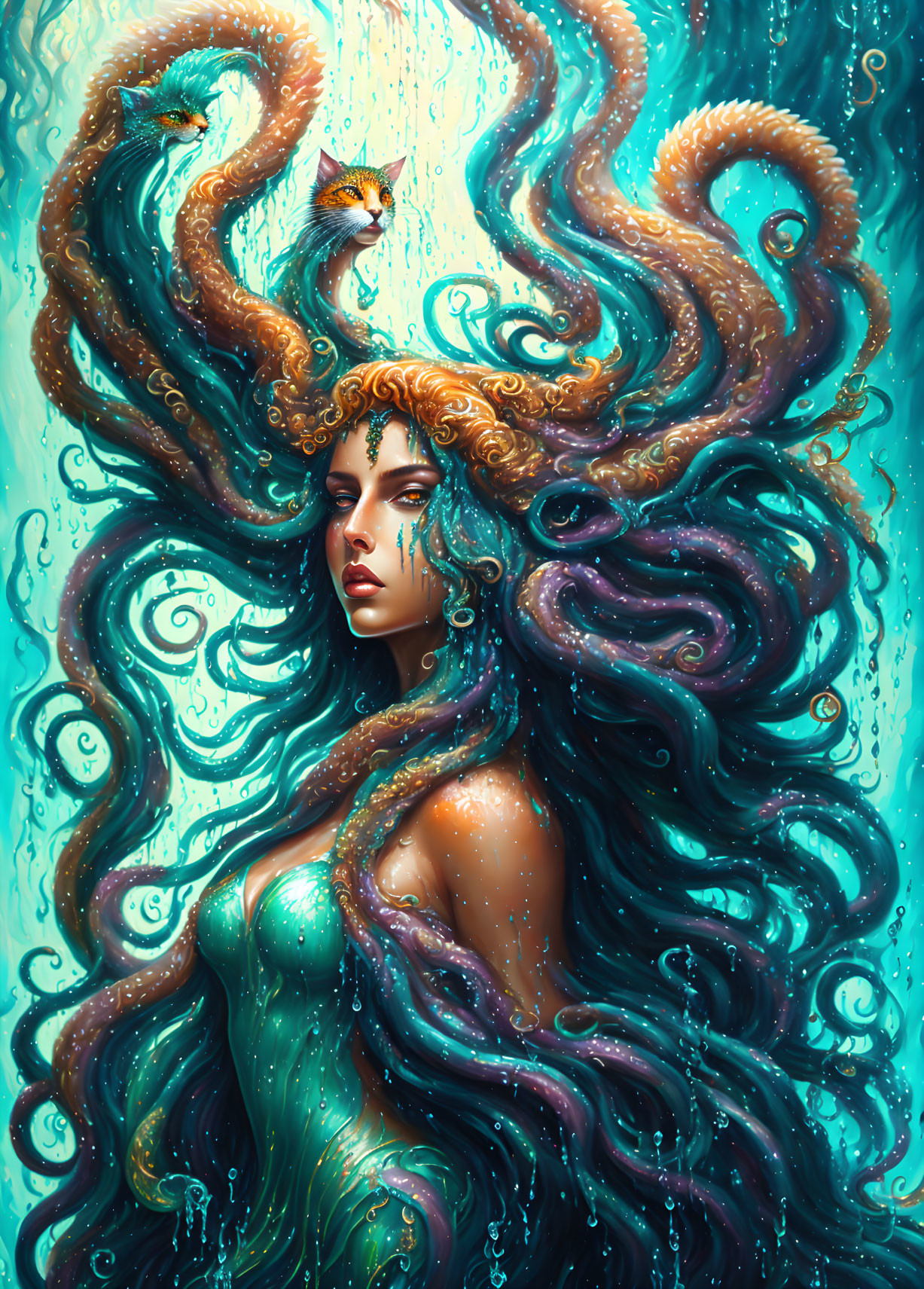 Woman with Turquoise Octopus-Like Hair in Water with Fish