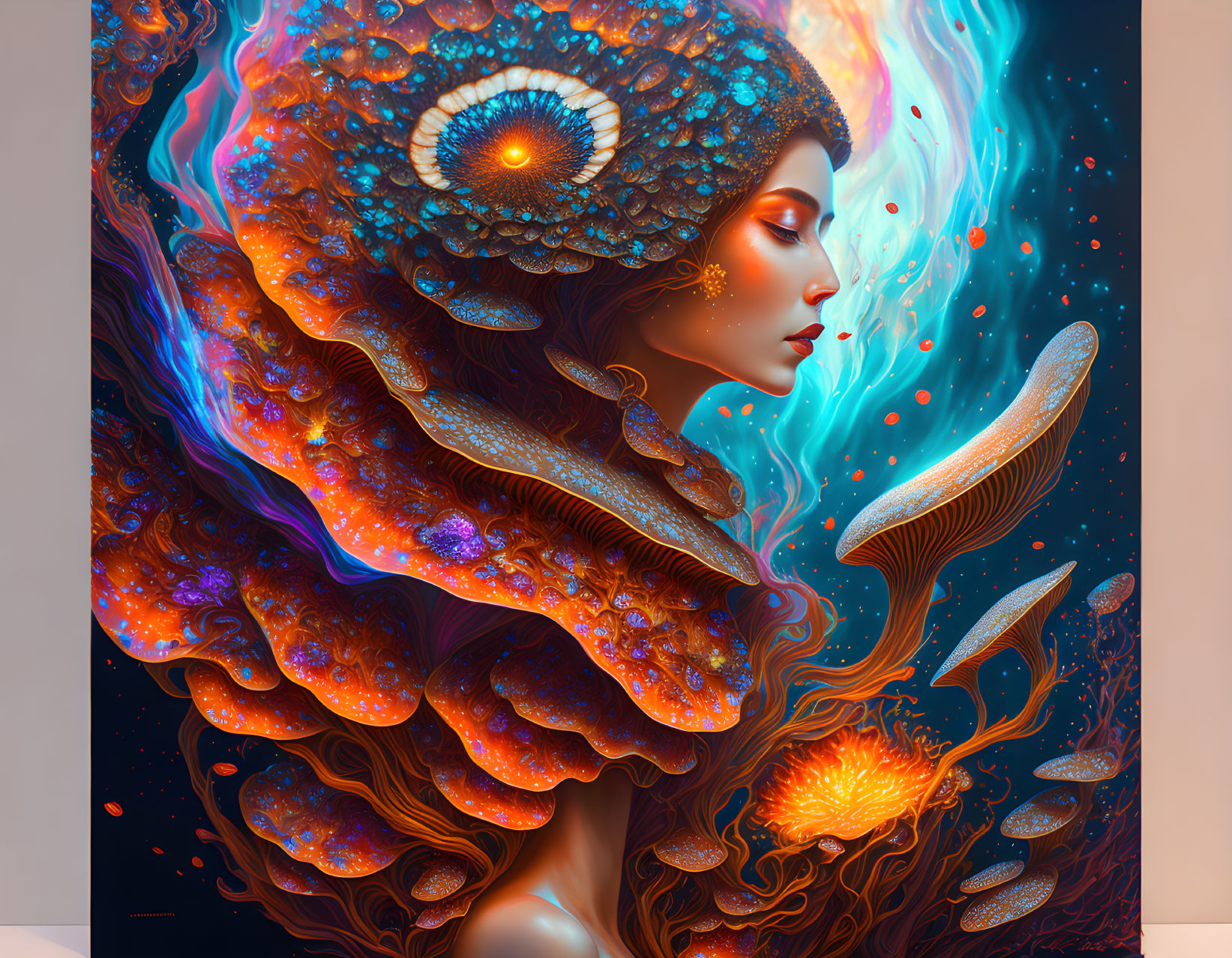 Colorful digital artwork of woman with cosmic jellyfish elements