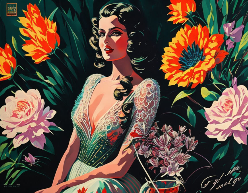 Vibrant art deco painting of woman with dark hair & flowers