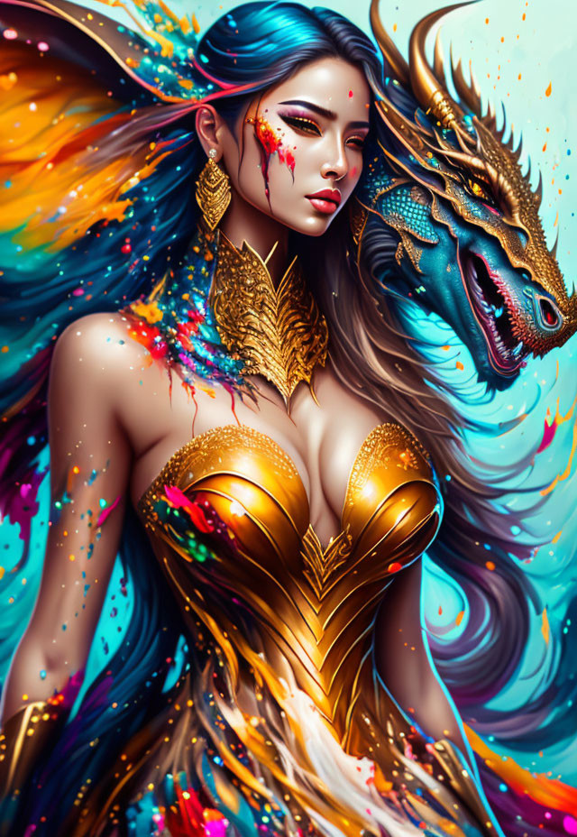 Colorful illustration: woman in gold armor with elfin features and blue dragon