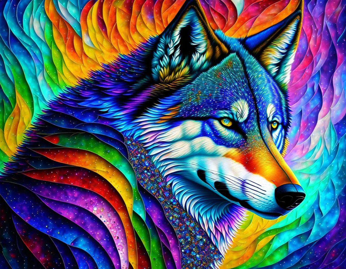 Colorful Psychedelic Wolf Artwork on Abstract Background