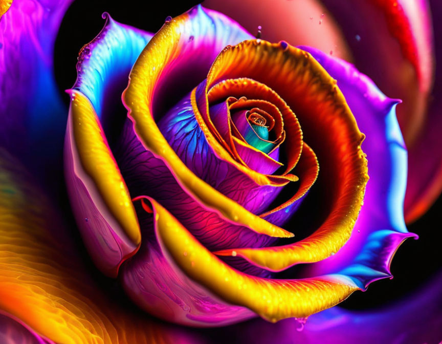 Vibrant Psychedelic Rose Artwork in Blue, Purple, Yellow, Pink