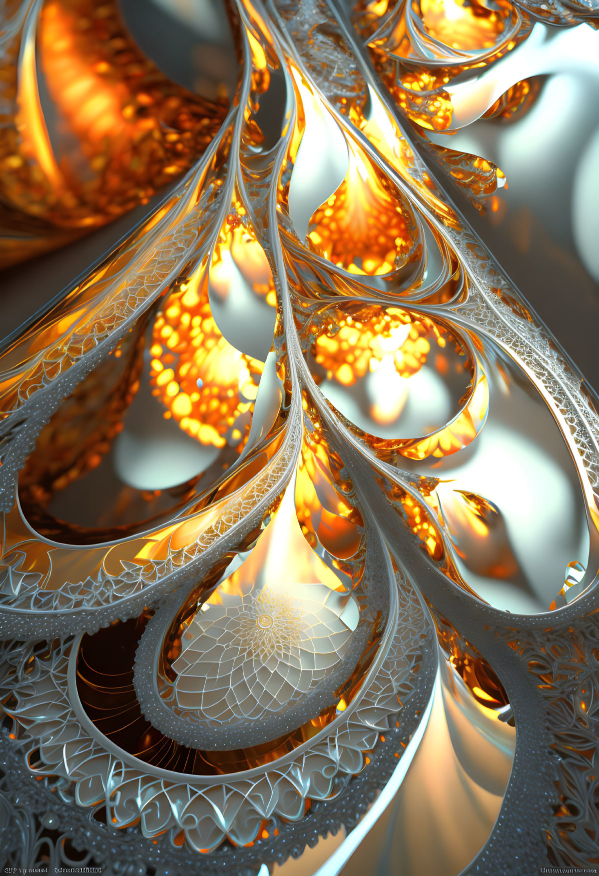 Intricate fractal image: fiery orange and cool silver tones