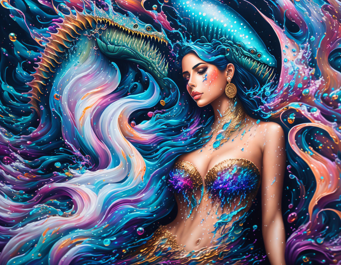 Vibrant blue and purple body paint on woman against oceanic backdrop