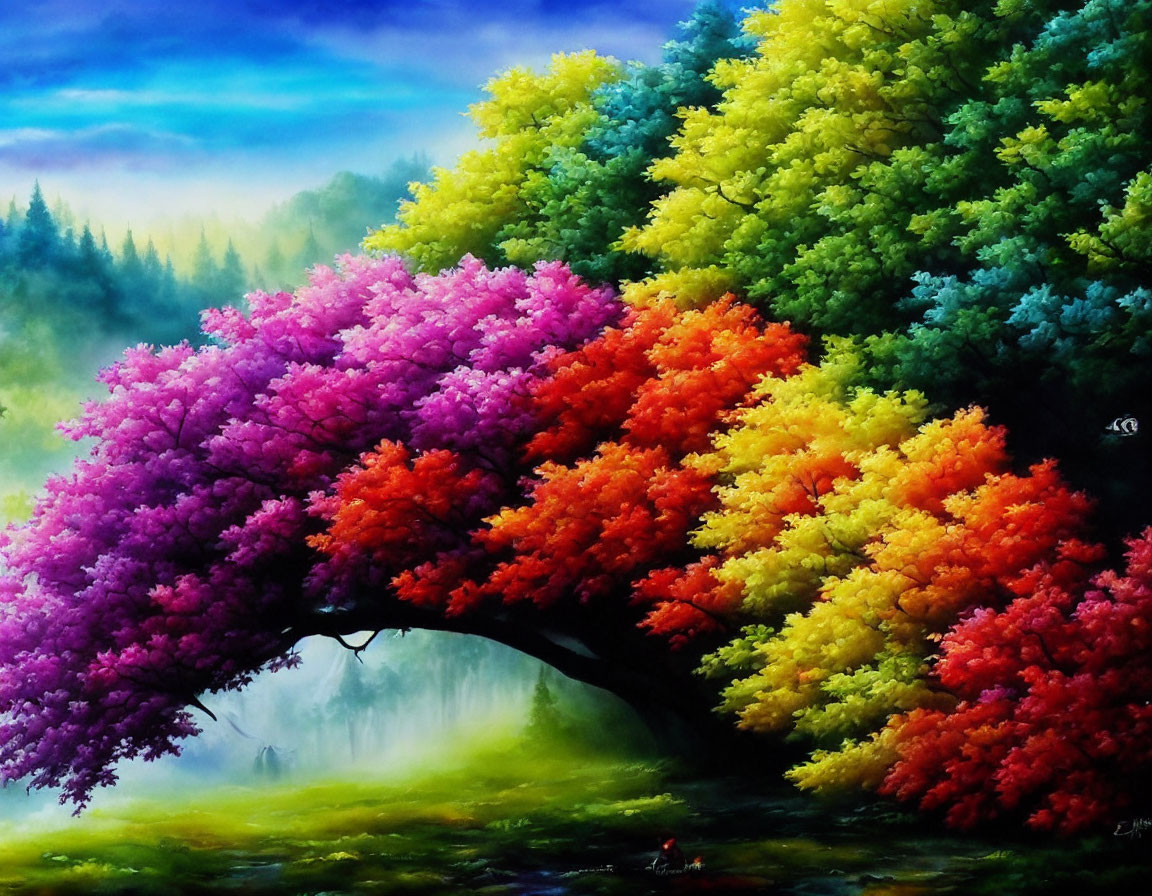 Colorful Forest Painting with River Scene