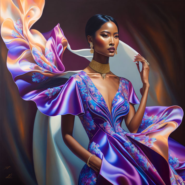 Stylized portrait of woman in elegant purple dress with floral designs