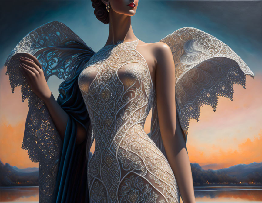Woman with Ornate Lace-Like Wings in Sunset Artwork