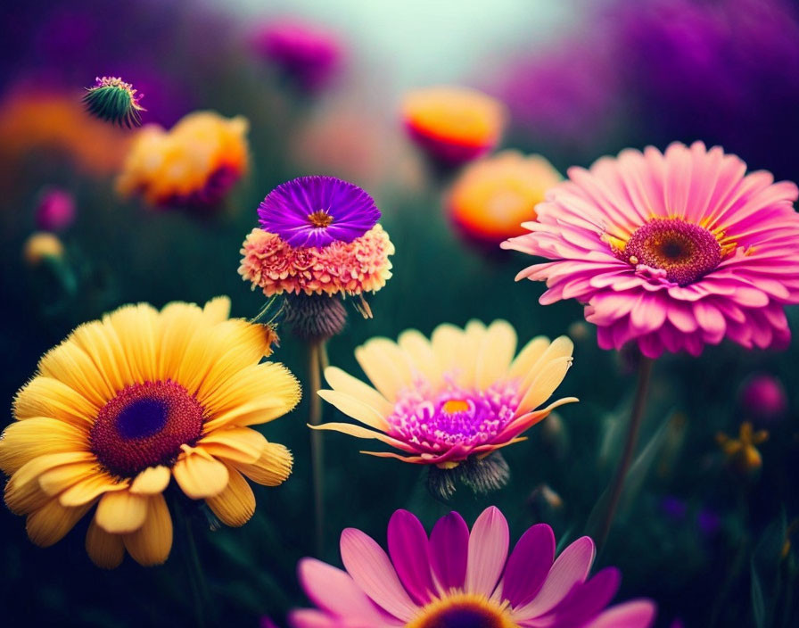 Colorful Pink, Purple, and Yellow Daisies in Soft Garden Scene