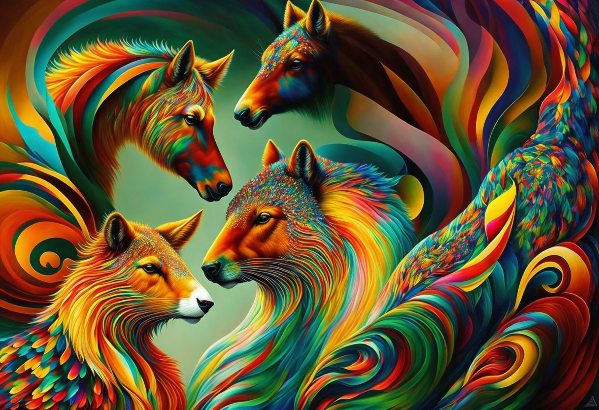 Colorful Psychedelic Artwork: Four Fox Faces in Abstract Patterns
