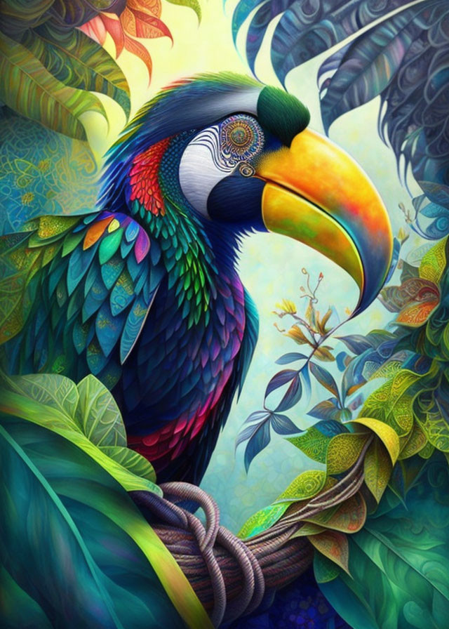 Colorful Toucan Amidst Lush Foliage and Ornate Patterns