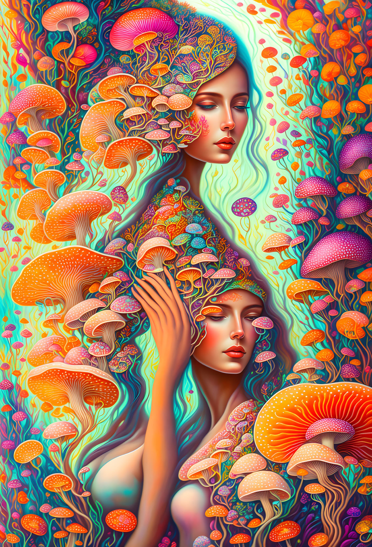 Vivid illustration of two women with flowing hair and fantastical mushrooms
