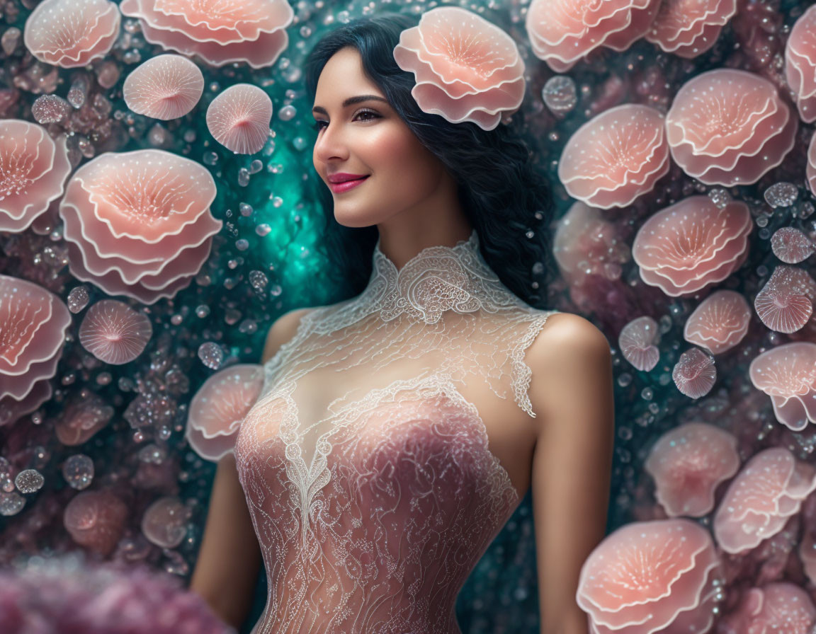 Woman in elegant dress surrounded by surreal jellyfish-like entities in fantasy underwater scene.