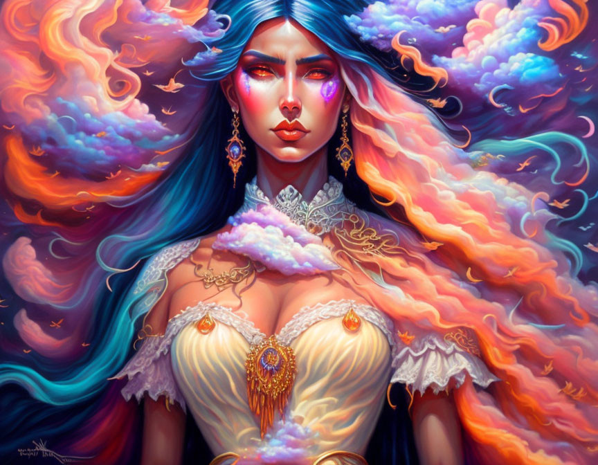 Fantastical woman with blue hair and cosmic clouds in luxurious attire.