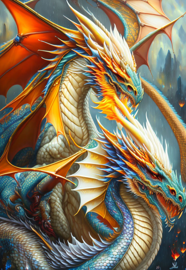 Detailed blue and orange dragon in stormy backdrop