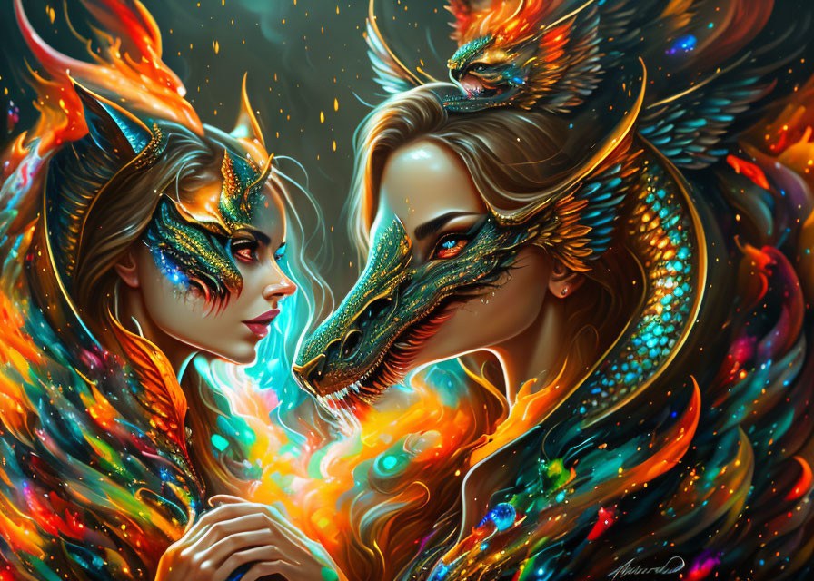 Illustration of dragon-like entities in vibrant embrace