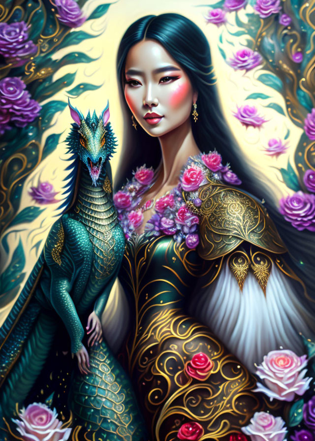 Detailed illustration of woman with black hair, dragon, roses, and ornate patterns.