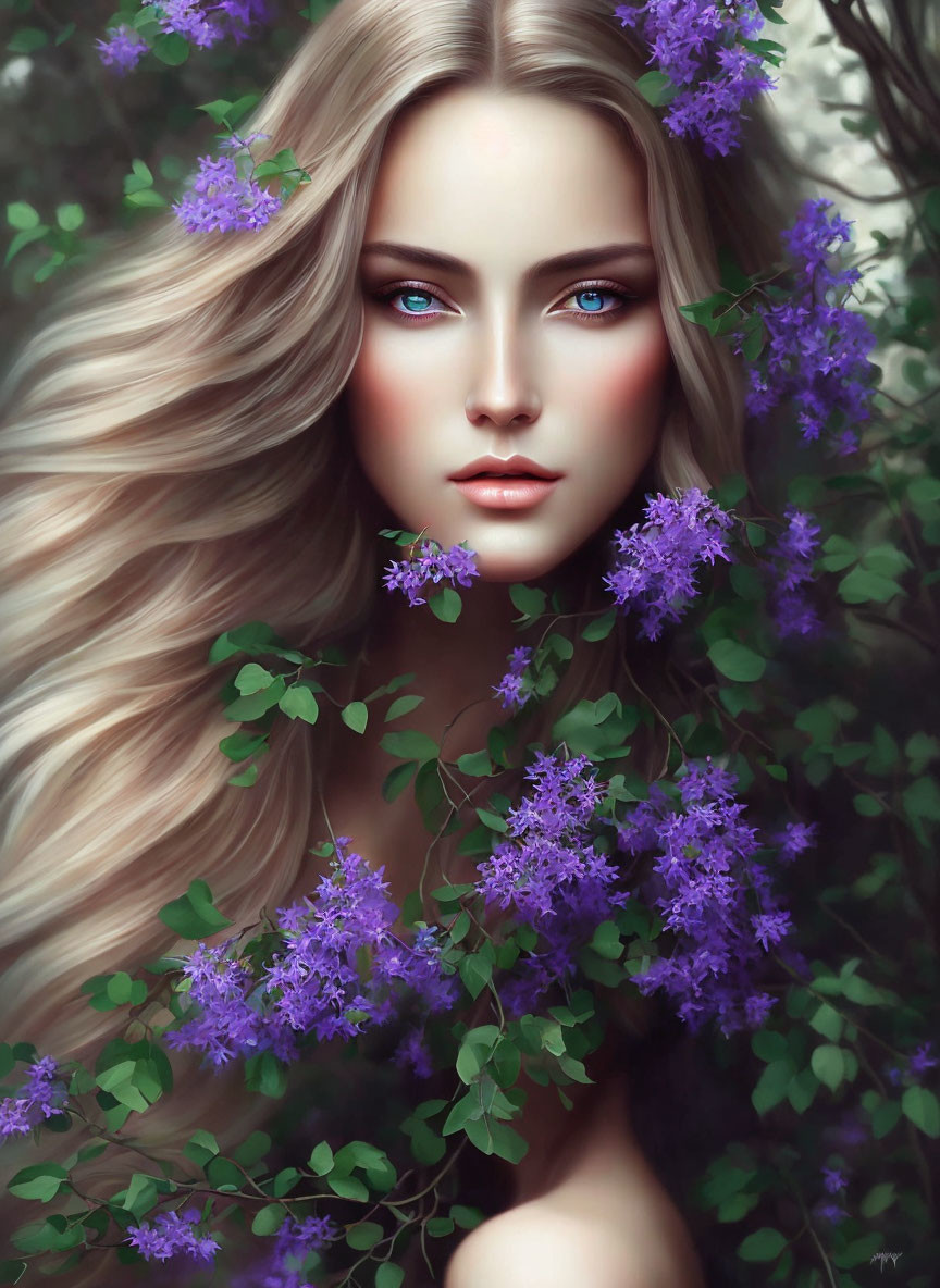 Blonde Woman Portrait Among Green Leaves and Purple Flowers