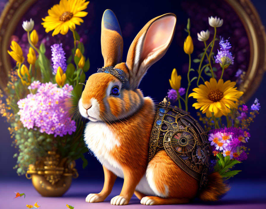 Colorful Rabbit Illustration with Gear-like Shell and Wildflowers on Purple Background